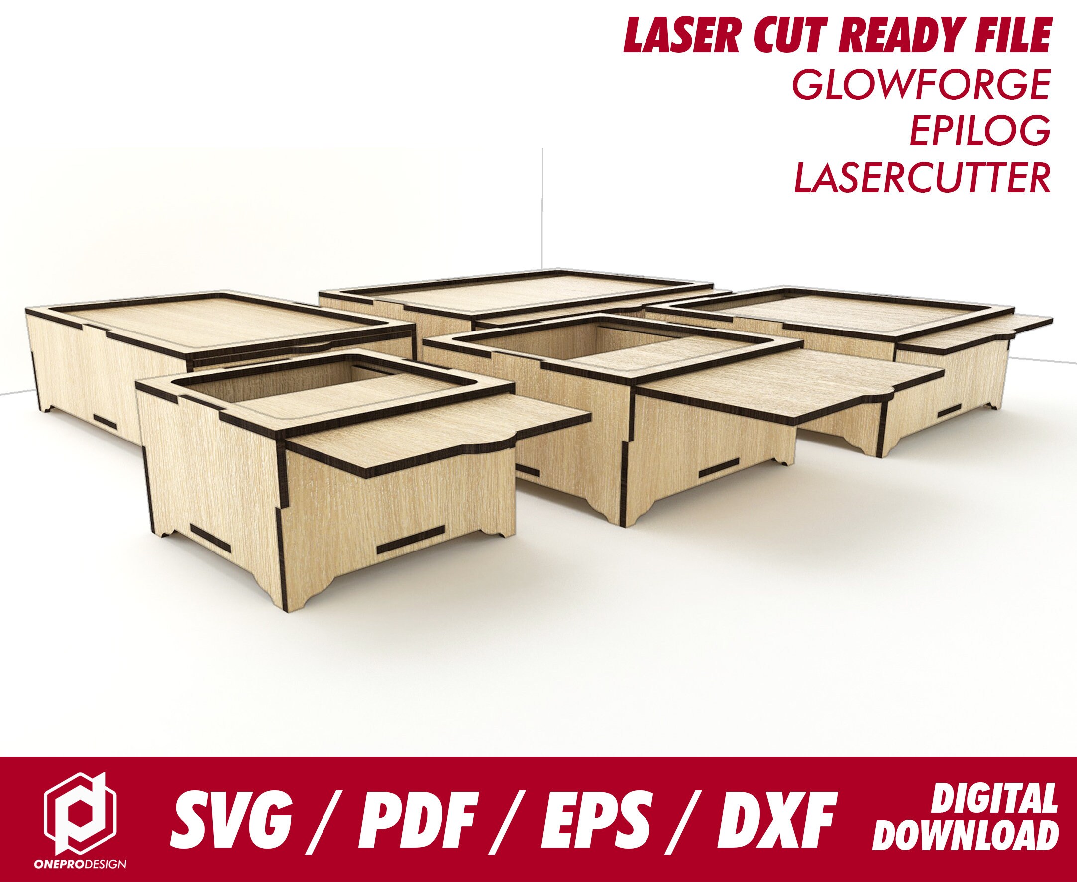 boxes with slid lid with leg, 5 sizes, for 1/8" or 3.1mm thk wood - Svg / Pdf / Eps / Dxf Laser Cut File / Glowforge - Instant download