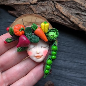 Brooch Goddess with vegetables, Vegan food pendant