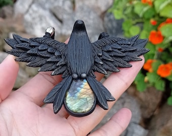 Mystic Raven Pendant Labradorite, Crow necklace, Odin's Raven Pendant