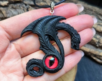 Black Dragon Red Eye Pendant: Fantasy Necklace, Symbol 2024
