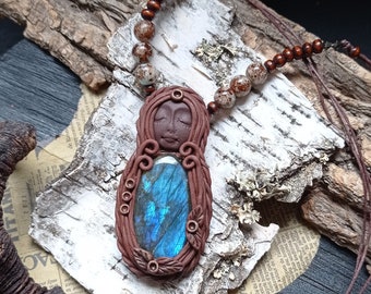 Goddess necklace, Labradorite goddess pendant, Mother earth Gaia
