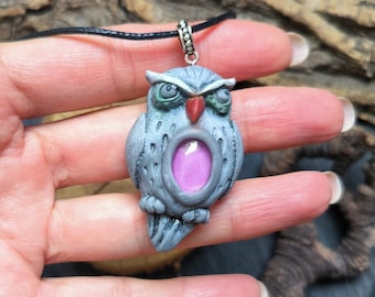 Colgante de búho gris, collar de búho, joyería de aves silvestres