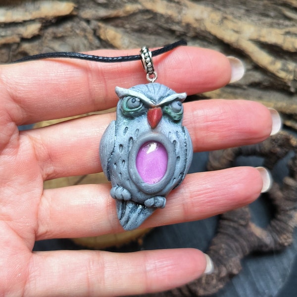 Gray owl pendant, Owl necklace, Wild bird jewelry