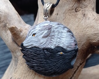 Wild wolf pendant , Yin yang wolf necklace, Black white wolf