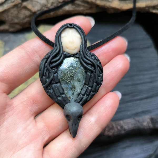 Goddess pendant quartz, Goddess of War Morrigan, Raven Goddess necklace