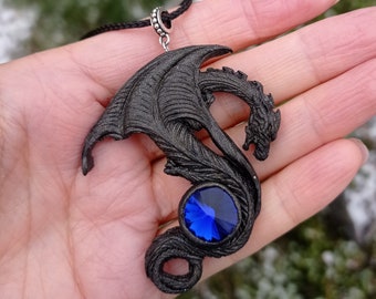 Dark dragon pendant, Fantasy dragon necklace