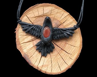 Black Raven Pendant with Carnelian Stone - Gothic Bird Jewelry