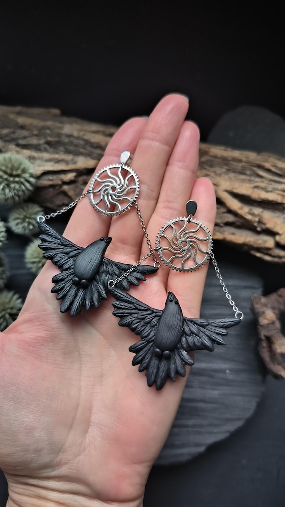Black raven earrings, Odin's raven jewelry