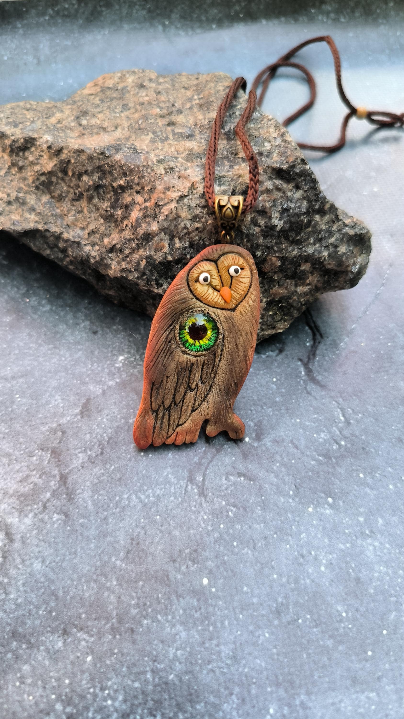 Owl necklace eyes , Wild bird jewelry, Gray owl pendant,