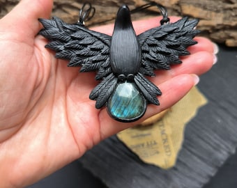 Mystic Raven Pendant Labradorite, Crow necklace, Odin's Raven Pendant