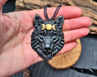 Polymer Clay Wolf Pendant Necklace: Black  Jewelry