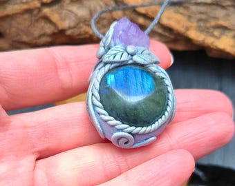 Amethyst and Labradorite Amulet Pendant - Healing Crystal Jewelry