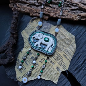 Elephant white necklace, Elephan talisman, Wild animal pendant, Elephant totem
