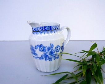 Vintage milk jug China blue, white porcelain with blue decor, old tableware, vintage, midcentury