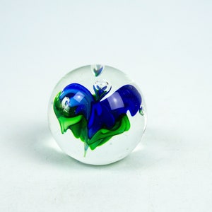 Glass ball, paperweight, glass object, vintage, small with flower in blue and green
