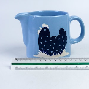 Small milk jug by Wächtersbach, ceramic, light blue with chicken, spout and handle, milk jug, juice jug, children&#39;s tableware