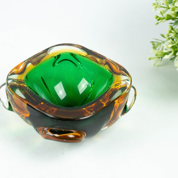 Glass ashtray, small, possibly Italy/Murano, mid-century, collectible, brown and green glass