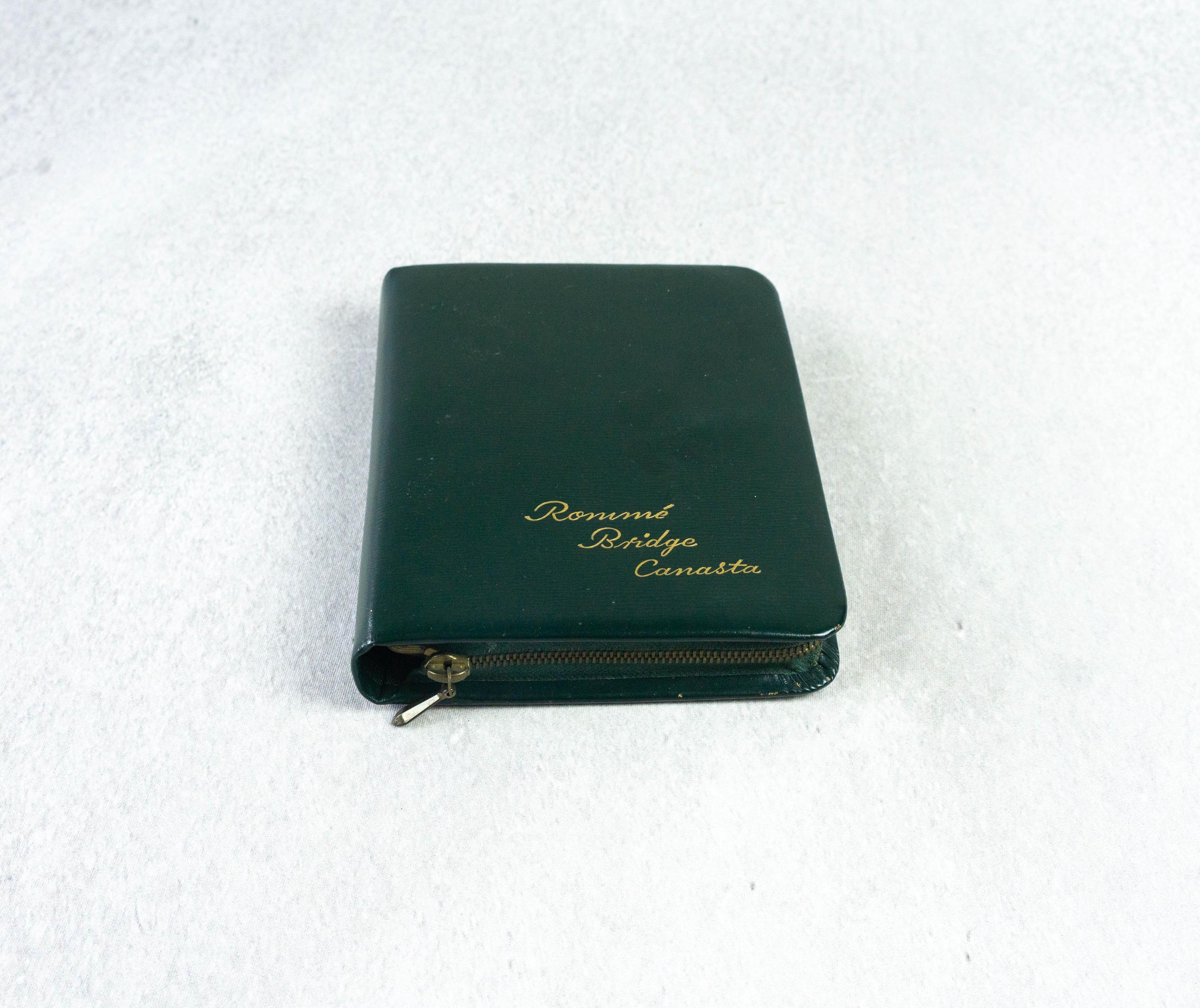 Card game, green, leather case with two rummy decks/games and pad, vintage