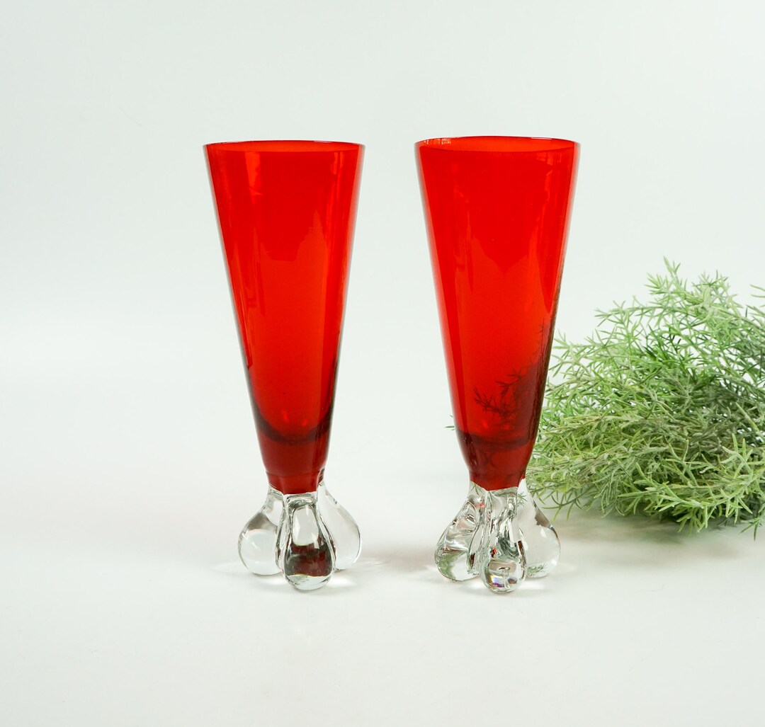 Two Retro Glass Vases Aseda Sweden, Design Bo Red Glass With