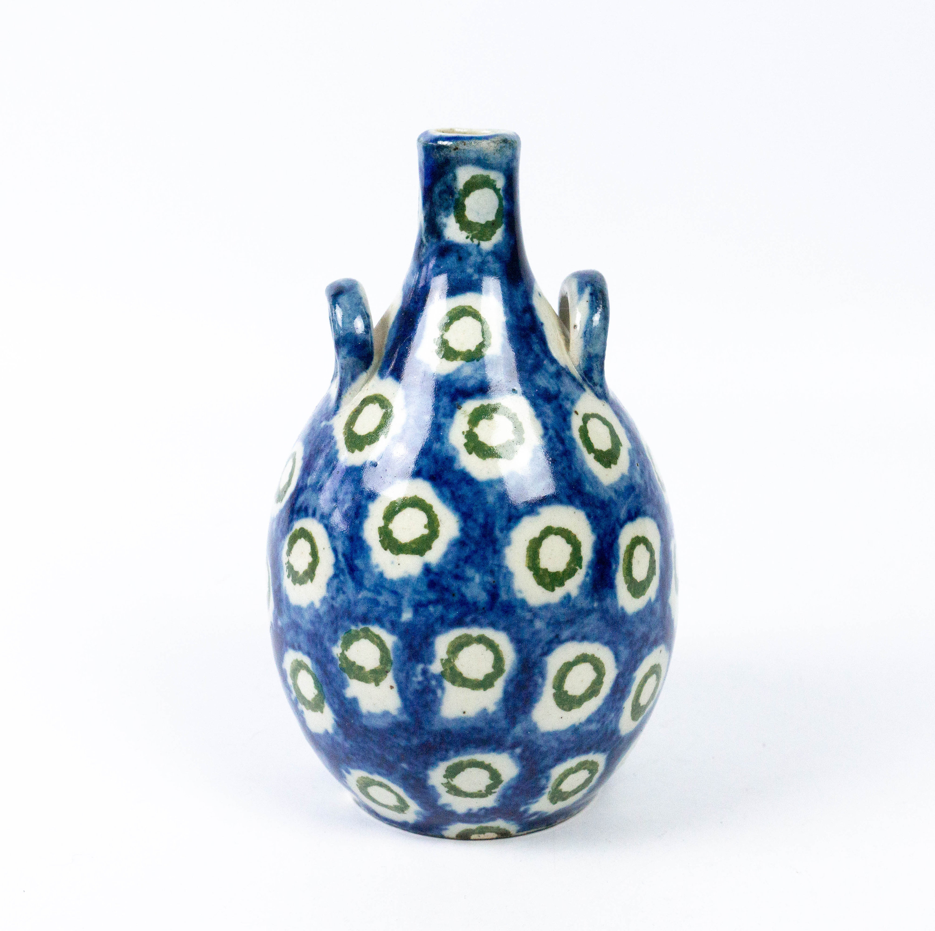 Alte Bunzlauer Keramik Henkelflasche oder Vase von Kempe Oppach in Sachsen, Schwämmeldekor, Pfauenauge Dekor