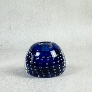 Candle holder, glass candlestick by unknown manufacturer, mid-century, 5.5 cm high, 7 cm diameter, in blue