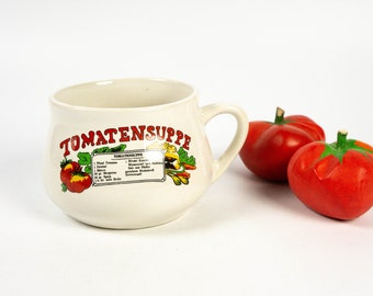 Vintage ceramic soup cup with recipe for tomato soup in German, cult cup from the 1970s