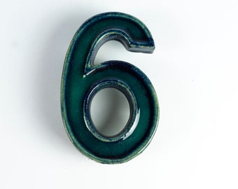 Vintage house number, number made of ceramic in blue and turquoise tones, vintage ceramic