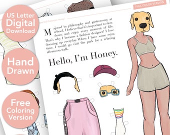 Paper Doll Play Set - Honey I | Printable Instant Digital Download | Hand Drawn PDF | Fashion Coloring Pages | Animal Dog Scrapbook
