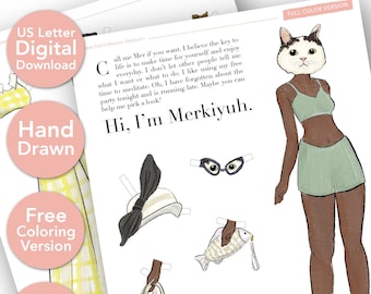 Könnte beinhalten: Ein druckbares Papierpuppen-Set mit einer Figur namens Merkiyuh. Das Set enthält eine Puppe, einen Hut, eine Brille, eine Handtasche, eine Clutch in Fischform und ein Paar Schuhe. Die Puppe trägt ein grünes Tanktop und Shorts. Der Text "Hi, I'm Merkiyuh." ist im Bild enthalten.