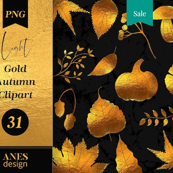 Gold Autumn Leaves Pumpkin Clipart, Gold Glitter Foil Hand Drawn Clip Art Fall Botanical PNG Illustration Instant Download Commercial Use