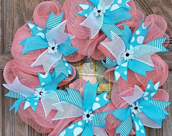 Coral Turquoise Summer Wreath, Coastal Mesh Wreath, Beach Door Decor, Front Door Wreath, Spring Summer Wreath, Everyday Wreath, Gift for Her
