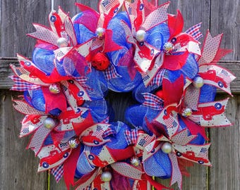 USA Patriotic July 4th Wreath – Red, White & Blue Mesh Door Decor | Americana Front Door Wreath | Summer Holiday Patriotic Decor w/NOLA Soul