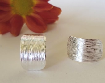 May include: Two silver-toned earrings with a textured, brushed metal finish. One is rectangular, the other is curved. A blurred orange flower is in the background. These earrings are a stylish accessory for everyday wear.