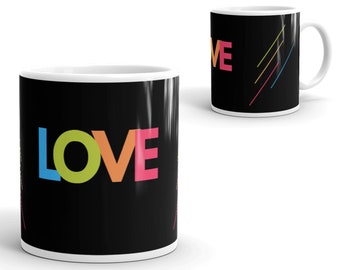 Love Coffee Mug: Rainbow Striped Ceramic Cup