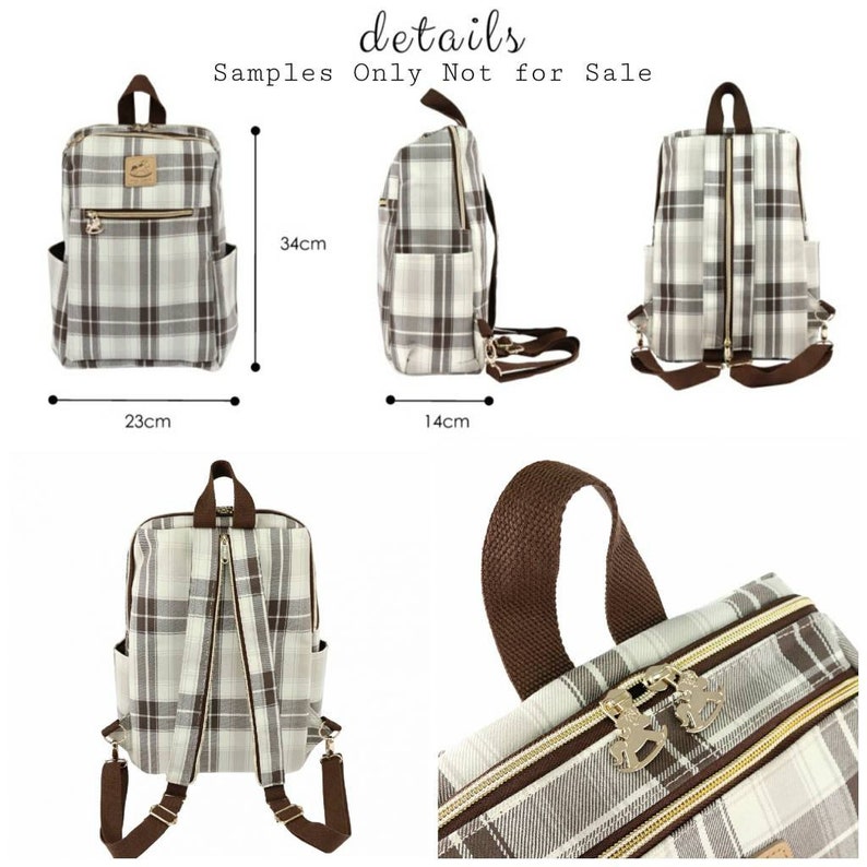 May include: A brown and white plaid backpack with a zipper closure and adjustable straps. The backpack measures 14 cm wide, 23 cm tall, and 34 cm deep.