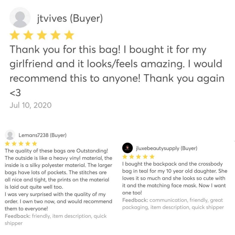 May include: Five-star customer reviews for a bag. The reviews highlight the quality of the bag, the material, and the pockets. One review mentions a matching face mask.