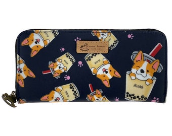 Boba Corgi Waterproof Portable Long Wallet, Holds 5.5 Inch Phone, Corgi Butt, Pony Shaped Zipper, Cute Gift for Corgi & Bubble Tea Lovers