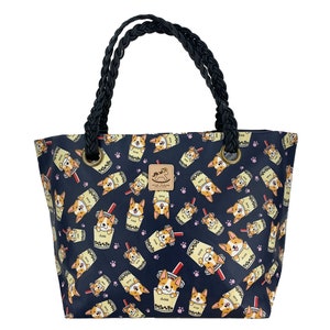 Boba Corgis Wasserdichte gewebte Schulter Tote Handtasche, süßes Geschenk für Hundeliebhaber, große Kapazität Alltagstasche