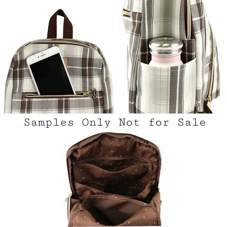 May include: A brown and white plaid backpack with a zipped pocket on the front. The backpack has a brown leather handle and a zipped pocket on the side. The inside of the backpack is brown with a polka dot pattern and has multiple zipped pockets.