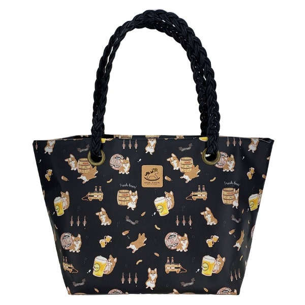 Corgi Beer Waterproof Woven Shoulder Tote Handbag, Cute Gift for Dog Lovers, Large Capacity Everyday Bag