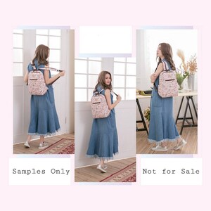 May include: A pink floral print backpack with brown straps. The backpack is being worn by a person in three different poses. The text "Samples Only" is at the bottom left of the image and the text "Not for Sale" is at the bottom right of the image.