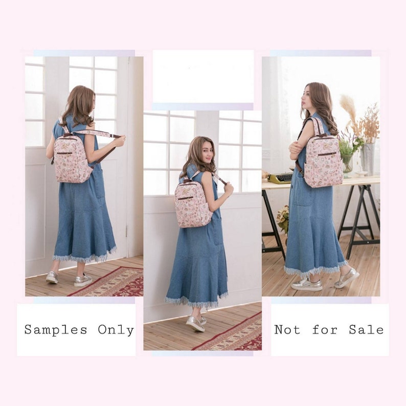 May include: A pink floral print backpack with brown straps. The backpack is being worn by a person in three different poses. The text "Samples Only" is at the bottom left of the image and the text "Not for Sale" is at the bottom right of the image.