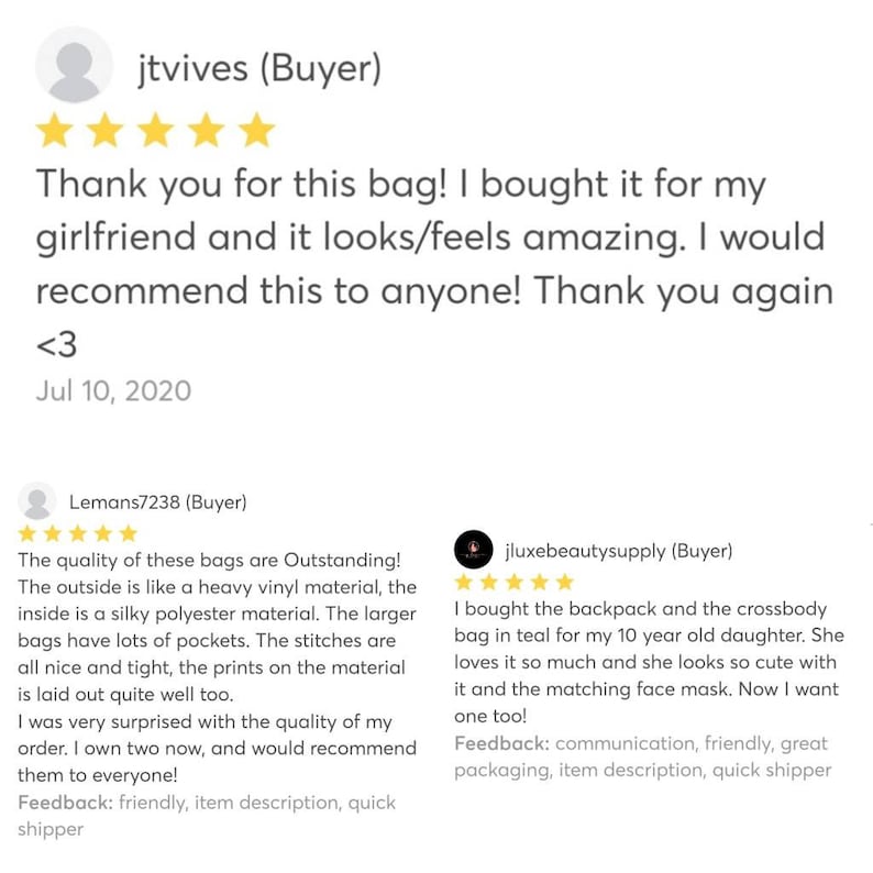 May include: Five-star customer reviews for a bag. The reviews highlight the quality of the bag, the material, and the pockets. One review mentions a matching face mask.