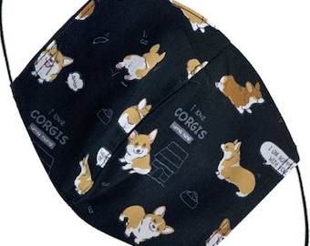 Corgi Puppy Face Mask W/ Disposable Filter Pocket, Reusable Washable, Soft, Breathable, Double Layer, 100% Cotton