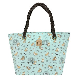 Corgis & Kaffee Wasserdichte gewebte Schulter Tote Handtasche, süßes Geschenk für Hundeliebhaber, große Kapazität Alltagstasche