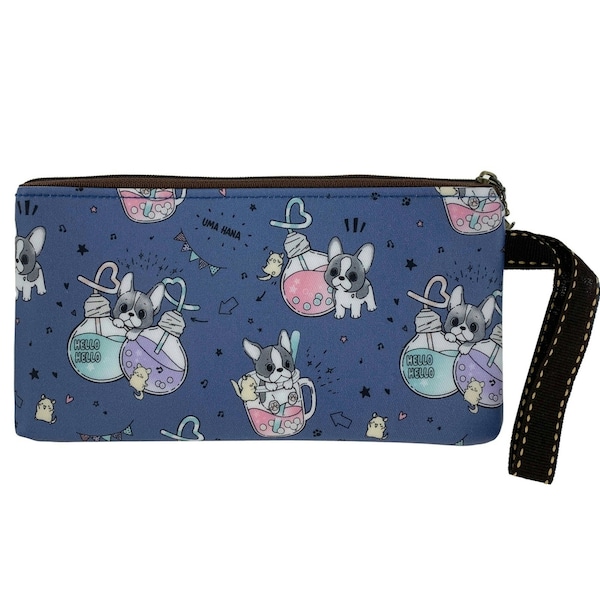 Boba Frenchie Waterproof Long Coin Purse W/ Wristlet Strap, Treat Pouch, Makeup Bag, Pencil Case, Cute Gift for Dog Lovers