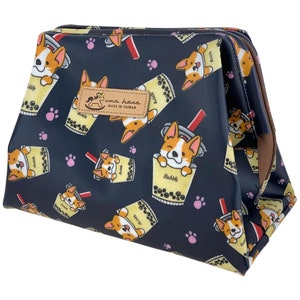 Boba Corgi impermeable bolsa de maquillaje cosmético de gran apertura, lindo regalo para los amantes de Corgi, organizador de viajes