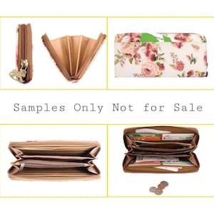 May include: A floral print zippered wallet with a brown interior. The wallet is open to show the interior compartments and card slots. The wallet is closed and shown from the front and side. The wallet is also shown with cash and cards inside.