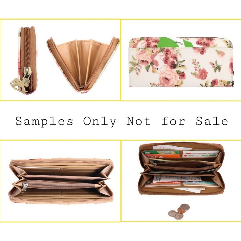 May include: A floral print zippered wallet with a brown interior. The wallet is open to show the interior compartments and card slots. The wallet is closed and shown from the front and side. The wallet is also shown with cash and cards inside.
