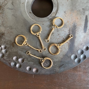 May include: Six gold keychains with a springy chain and a circular ring at each end. The keychains are arranged on a gray metal surface.